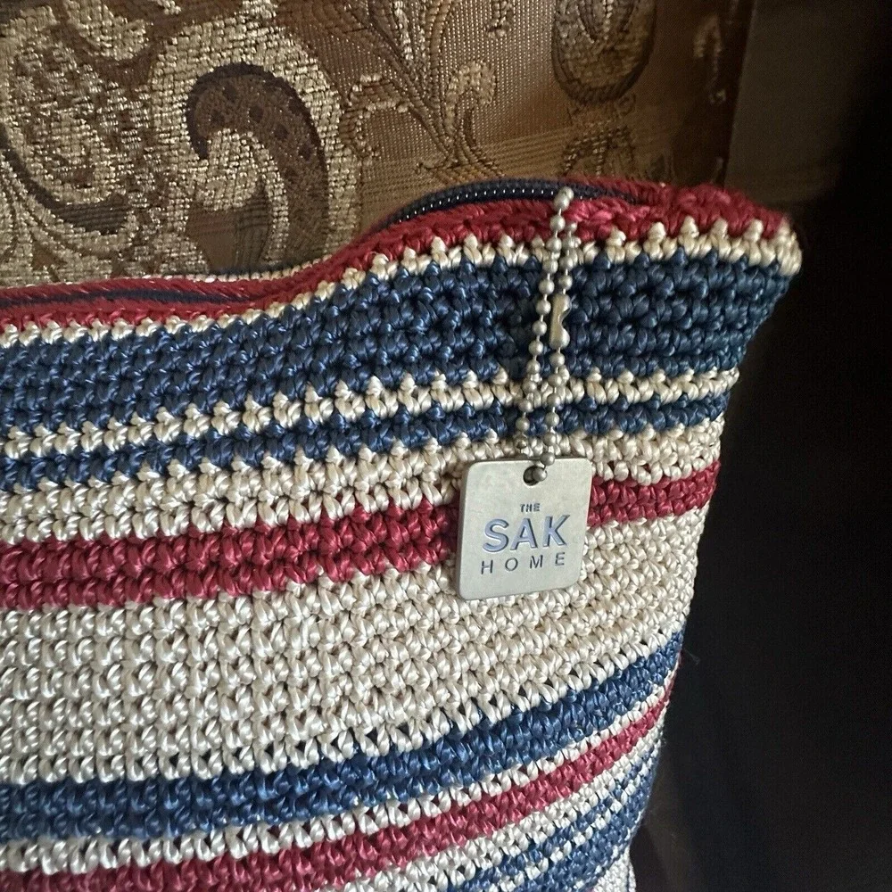 The SAK Home Square Crochet‎ Knit Pillows 17 Inch Blue Beige Red Set of 2 EUC